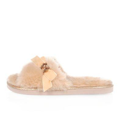 River Island Womens Fluffy Bow Slider Slippers