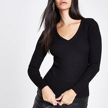 River Island Womens Knit Ribbed Shoulder Padded V Neck Top