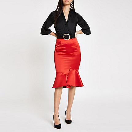 River Island Womens Satin Frill Hem Pencil Skirt
