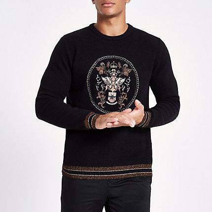 River Island Mens Knit Embroidered Tipped Sweater