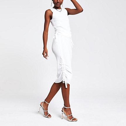 River Island Womens White Ribbed Ruched Side Top