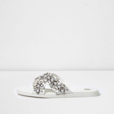 River Island Womens White Wide Fit Embellished Sandals