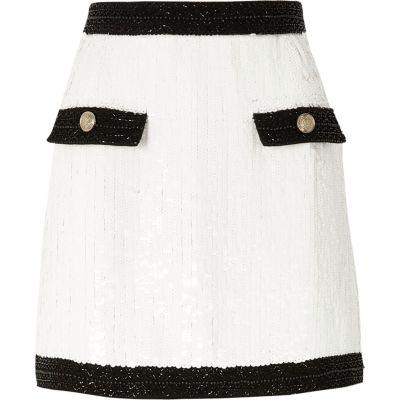 River Island Womens White Contrast Trim Sequin Mini Skirt