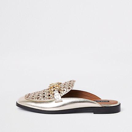 River Island Womens Gold Woven Leather Backless Loafers