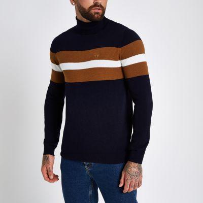 River Island Mens Block Print Roll Neck Slim Fit Jumper