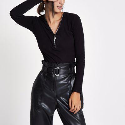 River Island Womens Rib Diamante Zip Front Top