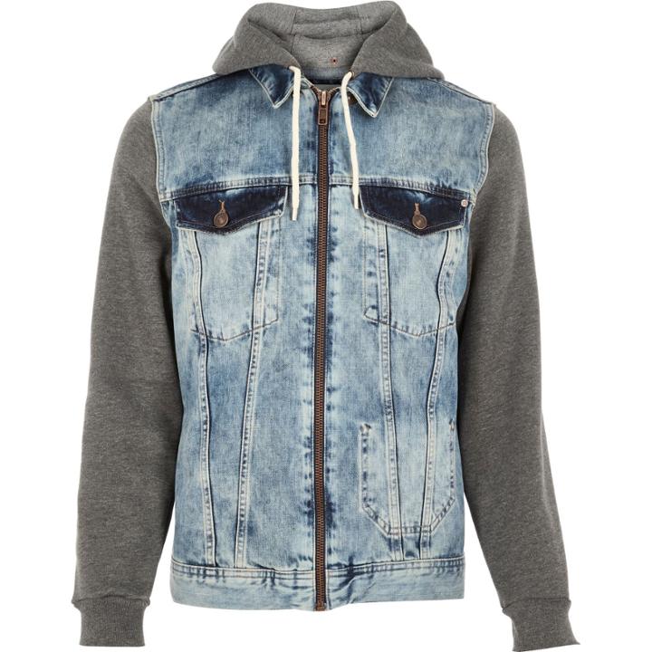 River Island Mensblue Denim Casual Sleeve Hoodie Jacket