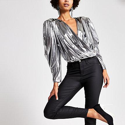 River Island Womens Silver Long Sleeve Wrap Front Cropped Top