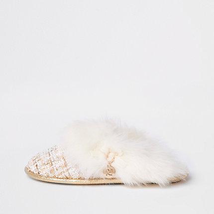 River Island Womens Boucle Faux Fur Mules