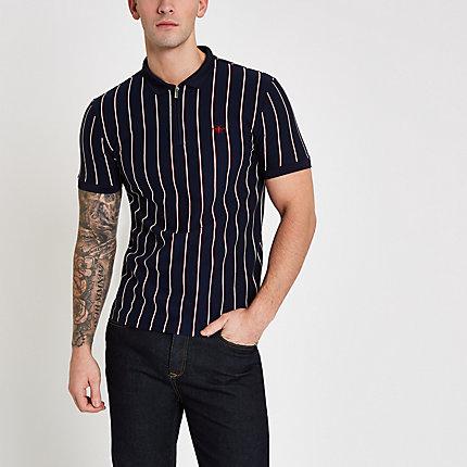 River Island Mens Stripe Zip Slim Fit Polo Shirt