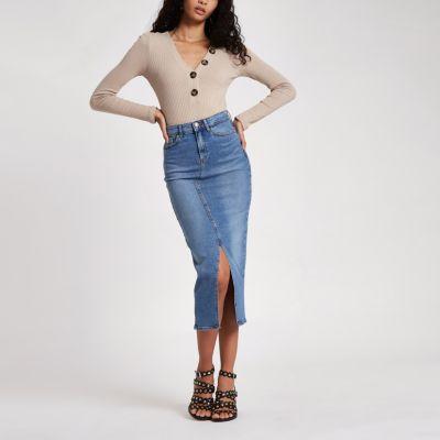 River Island Womens Split Front Denim Longline Pencil Skirt