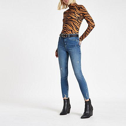 River Island Womens Mid Rise Ripped Hem Molly Jeggings