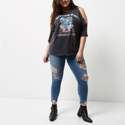 River Island Womens Plus Cold Shoulder Band Print T-shirt