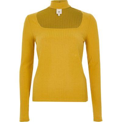 River Island Womens Yellow Rib Long Sleeve Choker Top