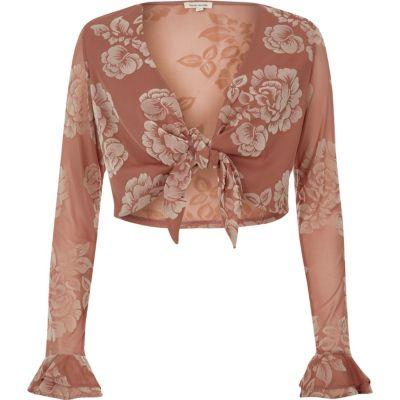 River Island Womens Burnout Knot Front Crop Top