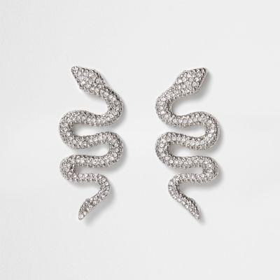 River Island Womens Silver Tone Diamante Snake Stud Earrings