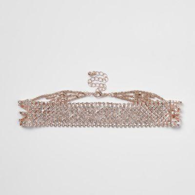 River Island Womens Rose Gold Tone Diamante Cup Chain Choker