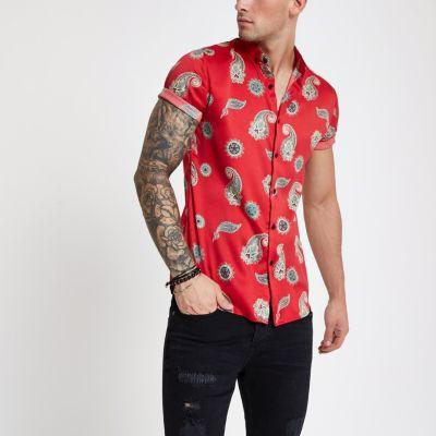 River Island Mens Satin Paisley Slim Fit Short Sleeve Shirt