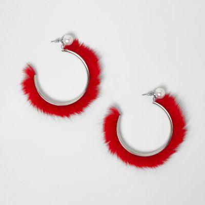 River Island Womens Fur And Faux Pearl Hoop Earrings