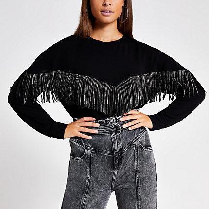 River Island Womens Diamante Embellished Fringe Sweatshirt