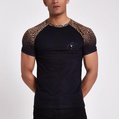 River Island Mens Leopard Print Muscle Fit Raglan T-shirt
