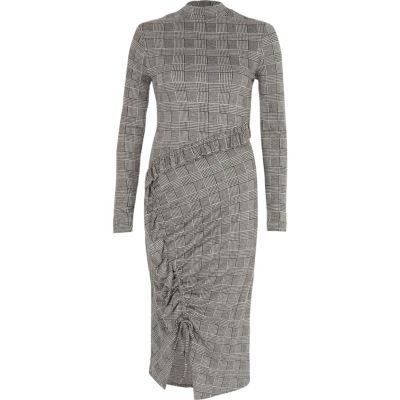 River Island Womens Check Ruched Frill Bodcon Midi Dress