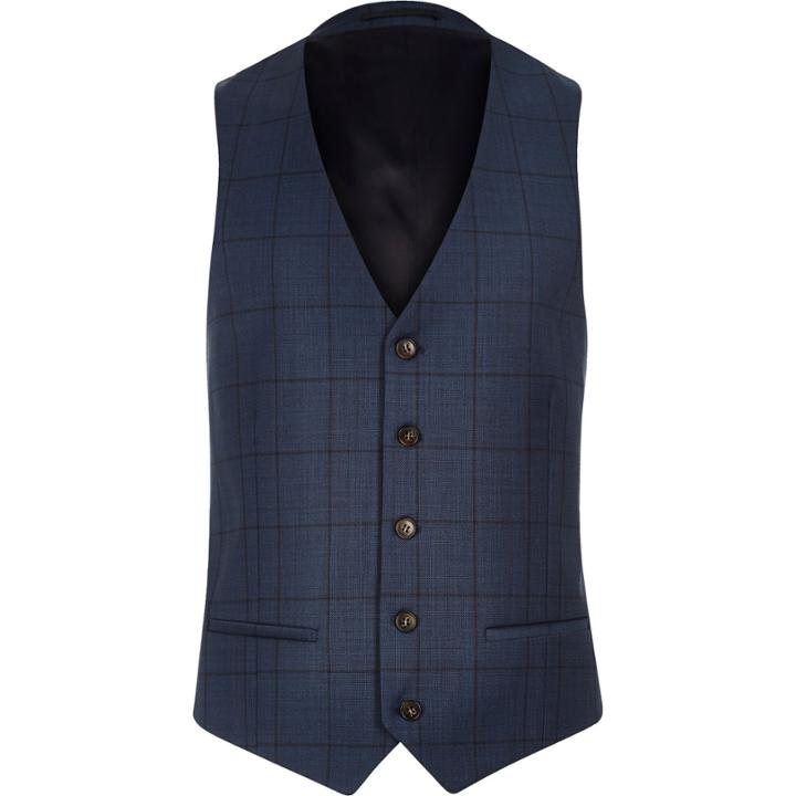 River Island Mensblue Window Pane Check Slim Waistcoat