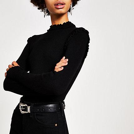 River Island Womens Ribbed Long Sleeve Frill High Neck Top