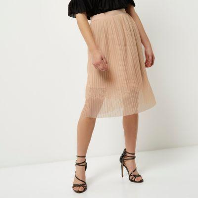 River Island Womens Petite Nude Pleated Lace Trim Midi Skirt