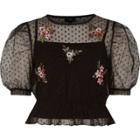 River Island Womens Dobby Mesh Embroidered Puff Sleeve Top