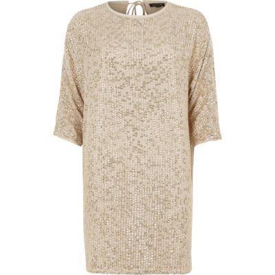 River Island Womens Gold Sequin Embellished T-shirt Shift Dress