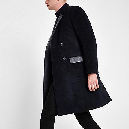 River Island Mens Wool Blend Leather Panel Longline Coat