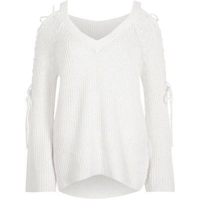 River Island Womens White Tie Sleeve V Neck Jumper