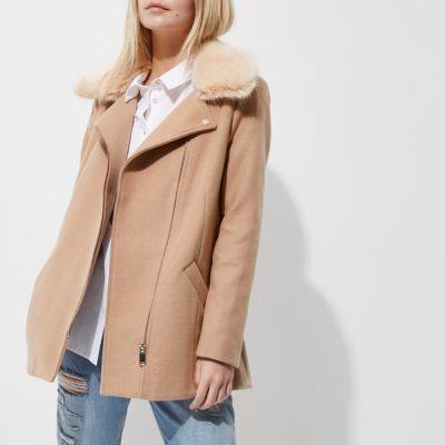 River Island Womens Petite Faux Fur Trim Biker Collar Coat