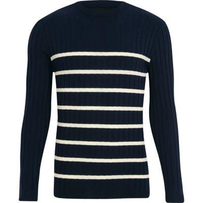 River Island Mens Knit Stripe Muscle Fit Crew Neck Jumper