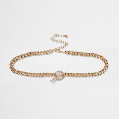 River Island Womens Gold Tone T-bar Chain Rhinestone Choker