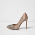 River Island Womens Gold Satin Diamante Embellished Court Shoes