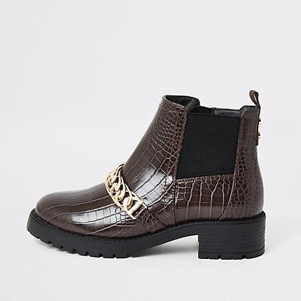 River Island Womens Croc Embossed Chain Strap Boots