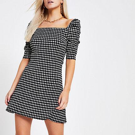 River Island Womens Petite Dogtooth Check Puff Sleeve Dress