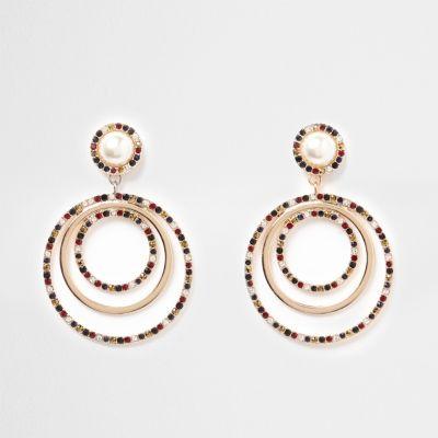 River Island Womens Gold Tone Pearl Rhinestone Ring Drop Earrings