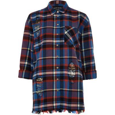 River Island Womens Long Sleeve Check Raw Hem Shirt