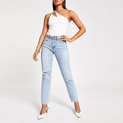 River Island Womens White One Shoulder Split Strap Bodysuit