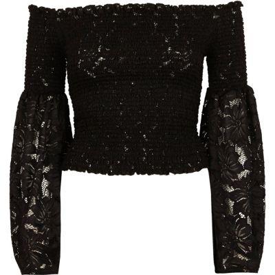 River Island Womens Lace Bardot Bell Sleeve Crop Top