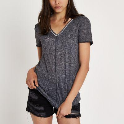 River Island Womens Short Sleeve Embellished Slub T-shirt