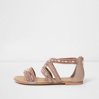 River Island Womens Gold Wide Fit Embellished Strappy Sandals