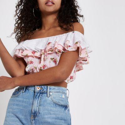 River Island Womens Frill Floral Bardot Crop Top