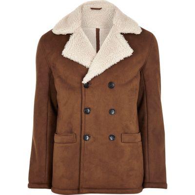 River Island Mens Double Breasted Fleece Collar Pea Coat