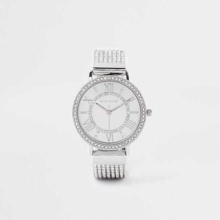 River Island Womens Silver Tone Diamante Encrusted Strap Watch