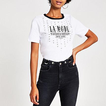 River Island Womens White 'la Mode Diamante Embellished T-shirt