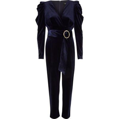 River Island Womens Puff Shoulder Velvet Jumpsuit